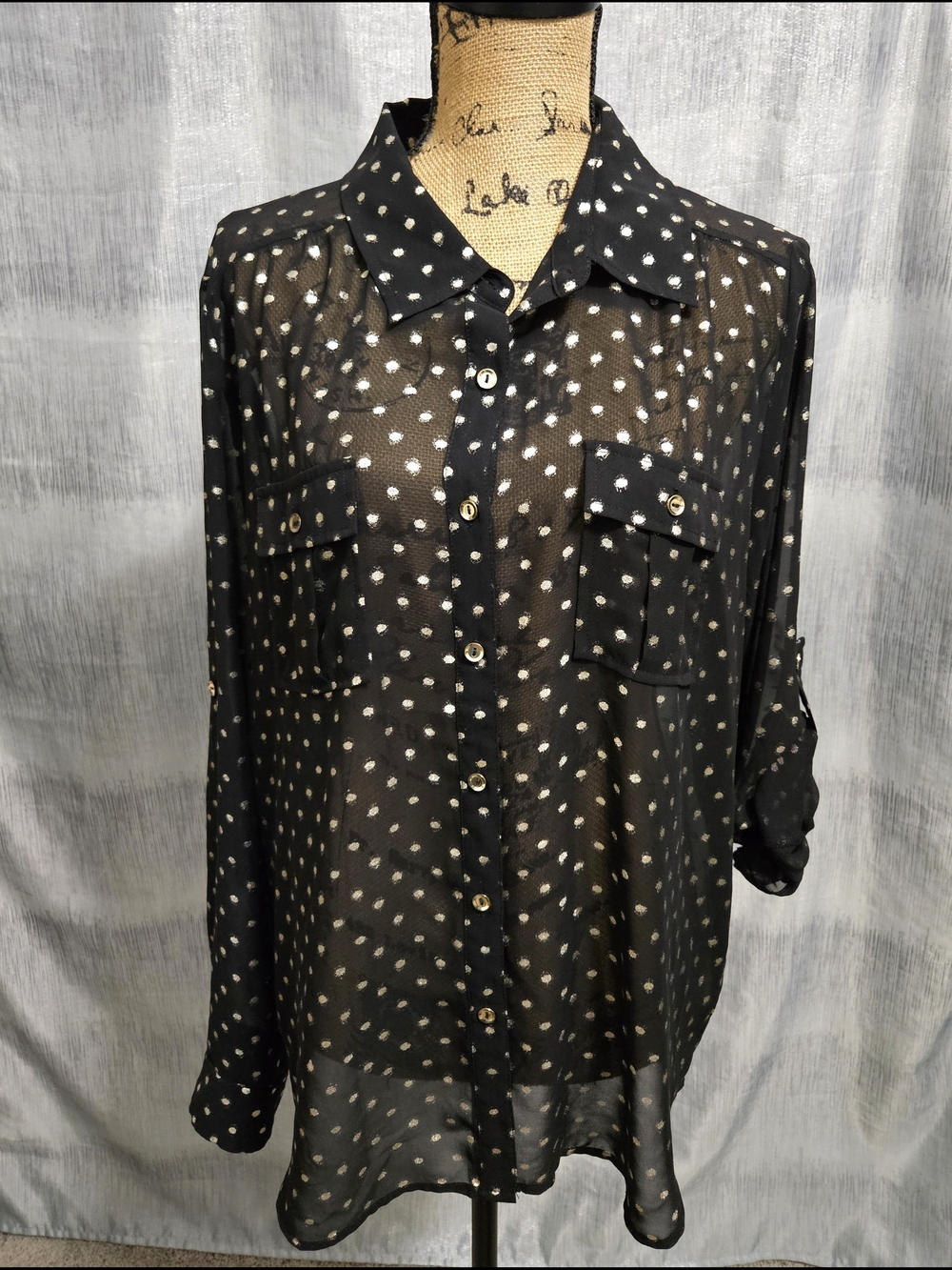 Faith and Joy Black Sheer Gold Polka Dot Button-Up Blouse